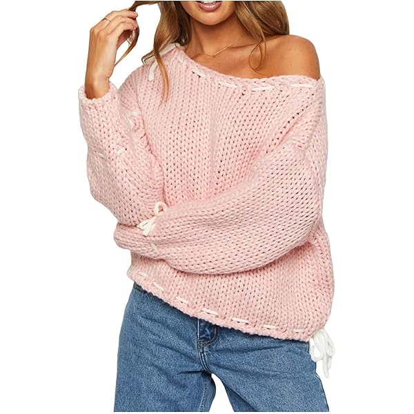 【ララ】 Off The Shoulder Pullover Women's Chunky Knit Off Shoulder Sweater Casual Long Sleeve